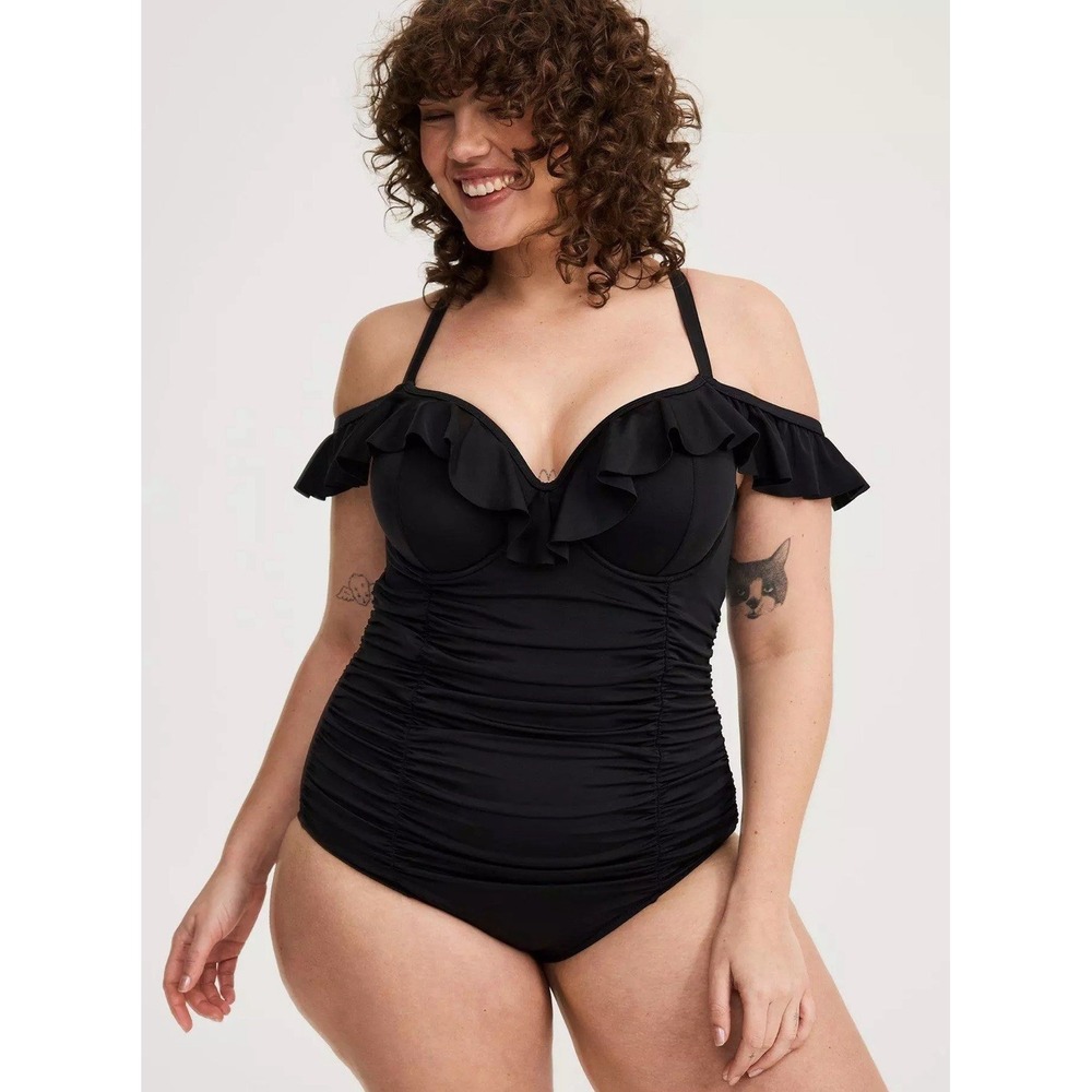 Torrid Ruffled One‎ Piece Swimsuit Black Women's Size 2 Ruched Off The Shoulder